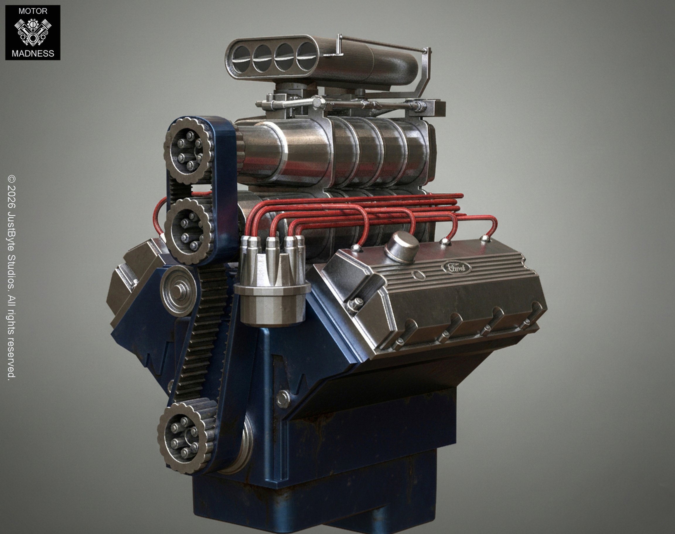V8 Supercharged Hot Rod Engine STL 3D Print Model