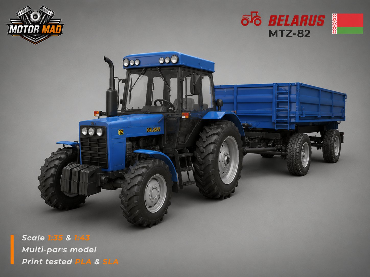 Belarus MTZ-82 with 2PTS-4 Trailer STL 3D Print Model